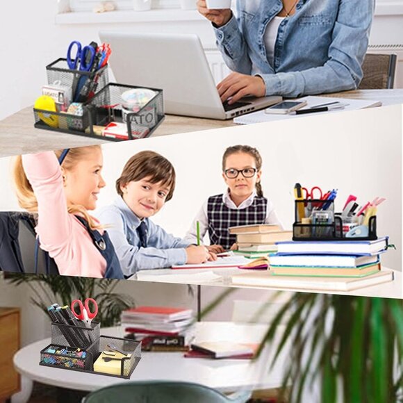 Desk Organizers Mesh Pencil Holder,3 Compartments Black Mesh Pen Holder Storage - Picture 7 of 7